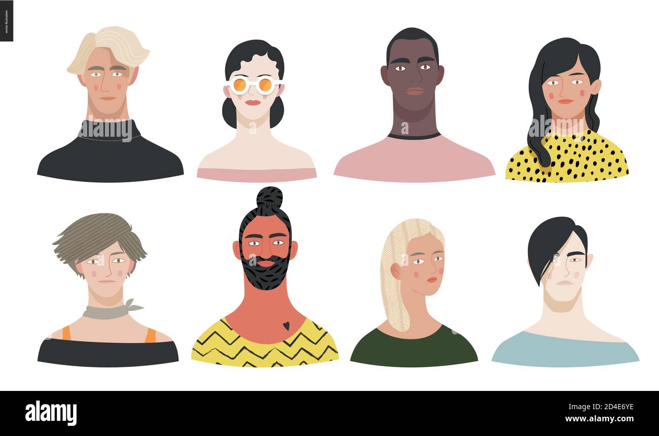 Magnifique portrait de personnes - dessin à la main de style vectoriel de style plat illustration du concept d'un jeune, des hommes et des femmes, visage et des épaules avatar, vario Illustration de Vecteur