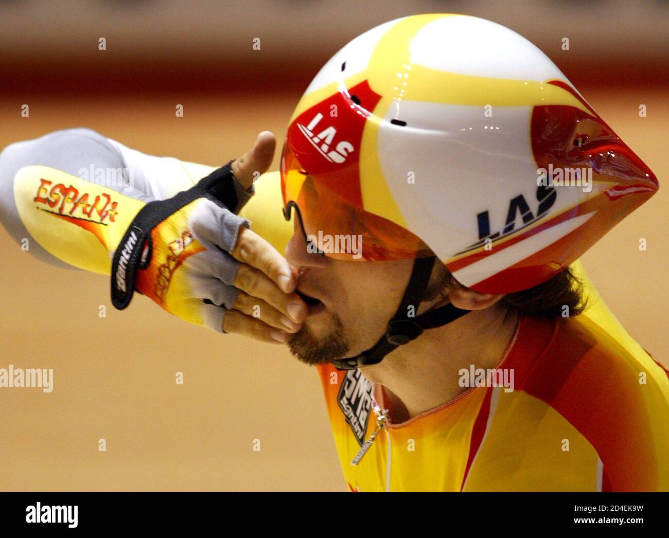 SERGI ESCOBAR ROURE FROM SPAIN CELEBRATES WINNING THE MEN'S INDIVIDUAL  PURSUIT FINAL AT THE WORLD CHAMPIONSHIPS IN MELBOURNE. Sergi Escobar Roure  from Spain celebrates by blowing kisses to the crowd after winning