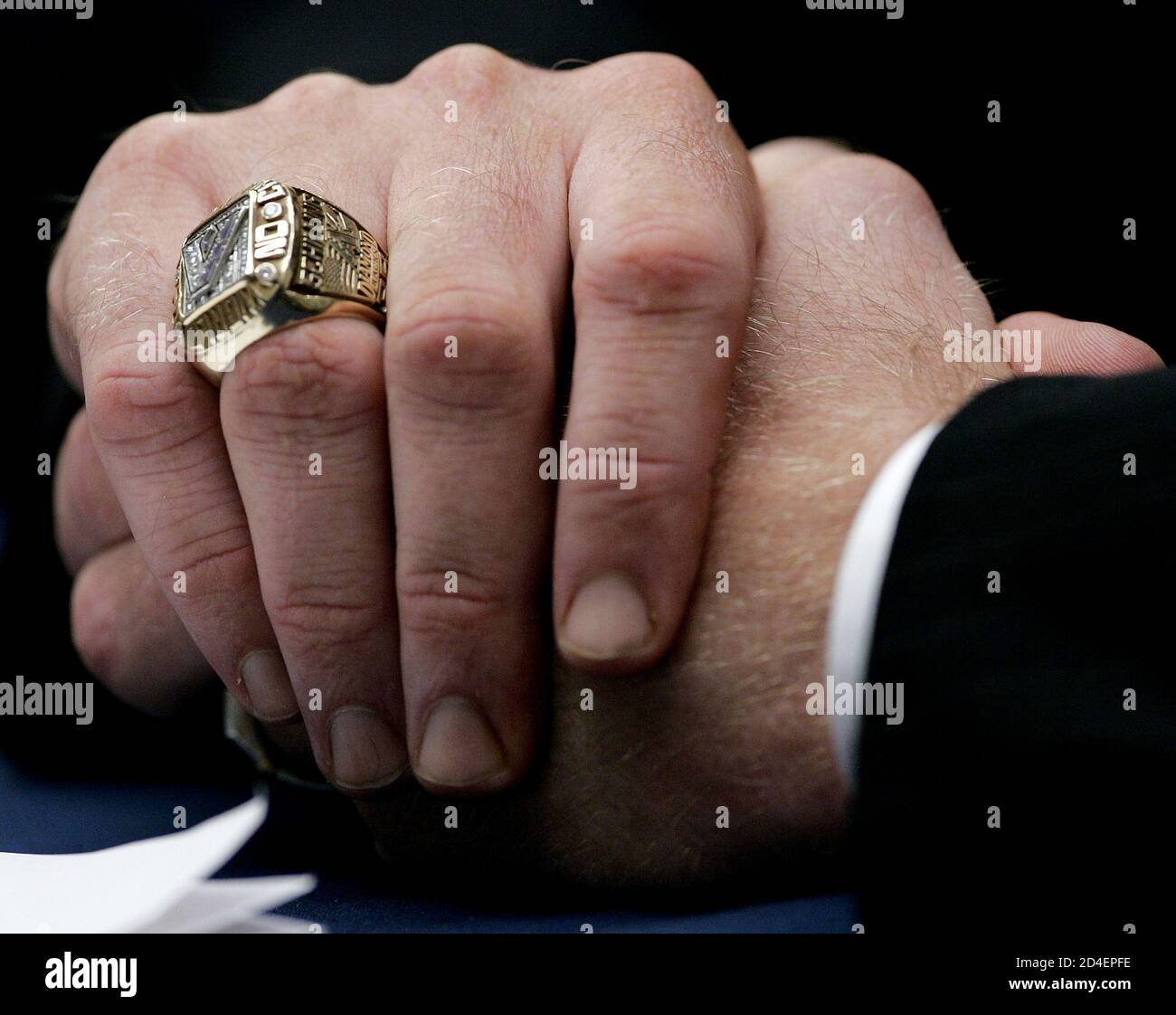 Boston Red Sox pitcher Curt Schilling's World Series ring, which he won as  a member of the Arizona Diamondbacks, is seen up close during testimony  during a House Committee session that is