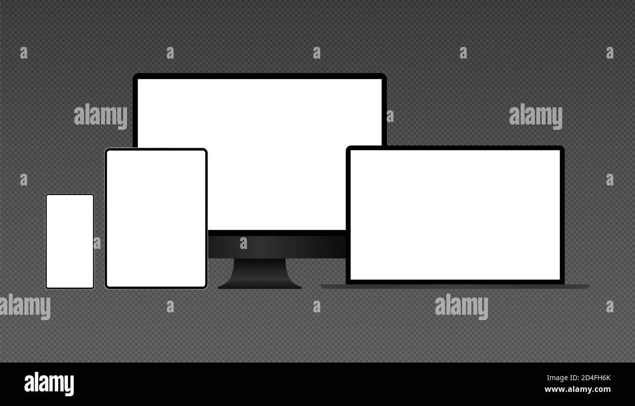 Ordinateur portable, tablette de scénario réaliste, ordinateur et téléphone mobile moniteur template Illustration de Vecteur