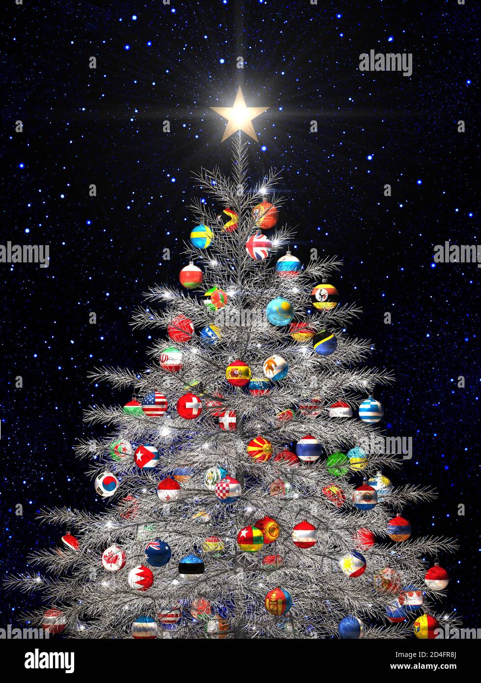 Sapin de Noël avec boule drapeau international décorations étoiles isolées fond arrière-plan Banque D'Images