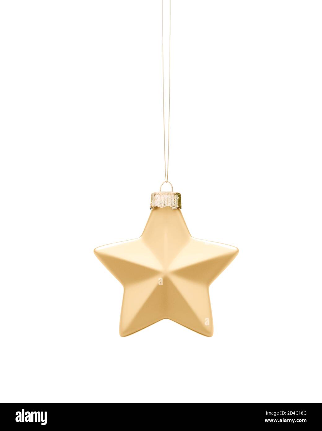 Décoration de Noël en étoile à cinq points d'or. Boule en forme suspendue sur une ficelle dorée. Isolé sur fond blanc. Décoration de Noël, ambiance festive Banque D'Images