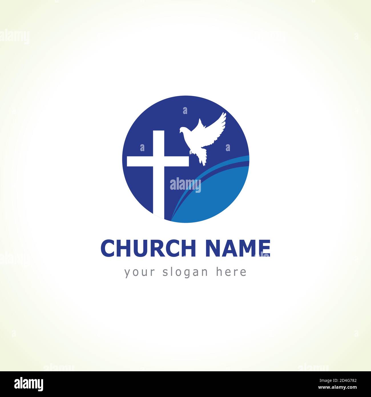 Logo vectoriel de l'église chrétienne. Cercle bleu, crucifix, colombe blanche, vague. Symbole éducatif religieux. Motif graphique abstrait isolé. Illustration de Vecteur