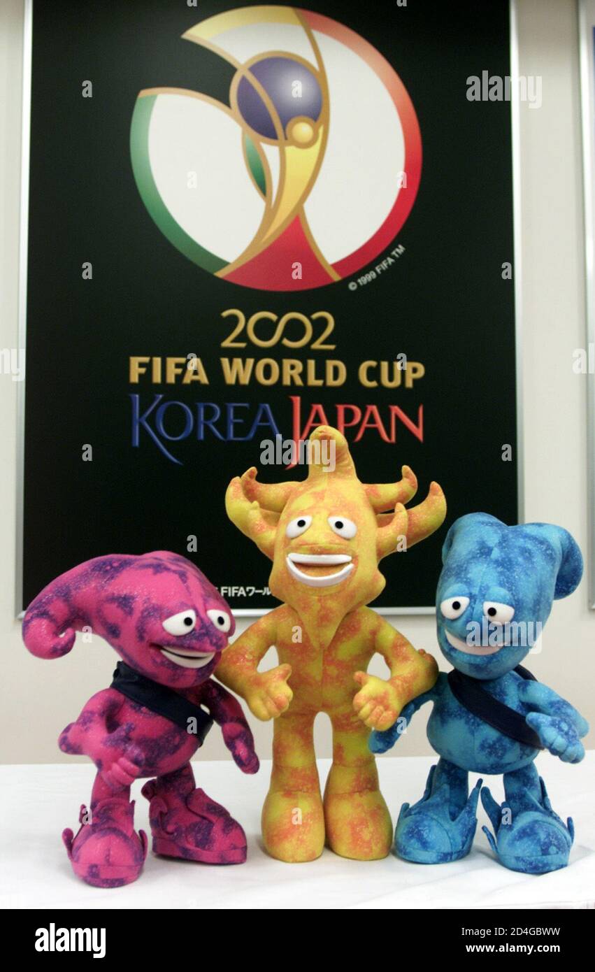 The Three Official Mascots Of The 02 World Cup Soccer Tournament L R Nik Kaz And Ato Gather To Promote The Event At A Press Conference Which Was Attended By Fifa President Sepp