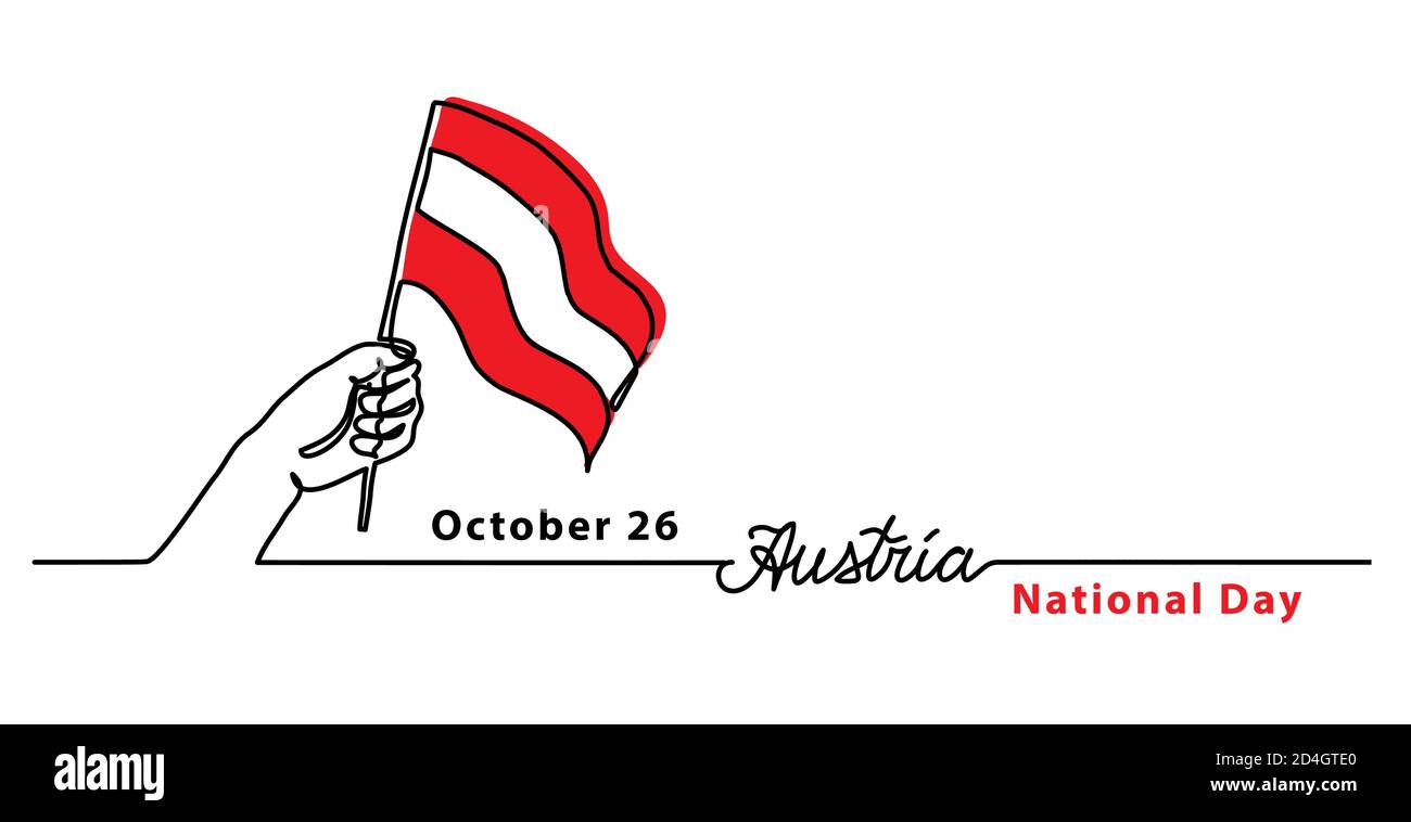 Bannière web simple de la Journée nationale de l'Autriche avec drapeau et main. Bordure vectorielle minimaliste, arrière-plan.un dessin de ligne continue avec lettrage Autriche Illustration de Vecteur
