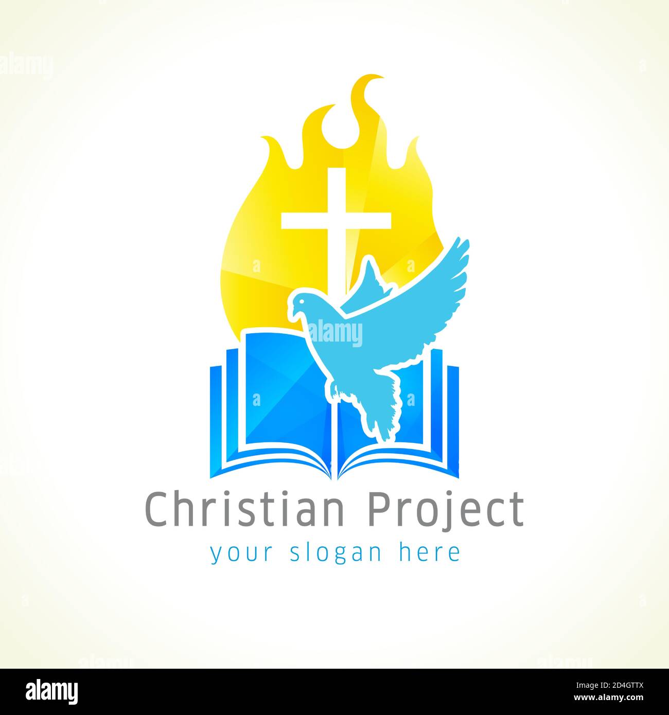 Cross, Flying Dove, livre ouvert, logo fiery. Concept de logotype chrétien créatif religieux. Symbole de style vitrail. Emblème éducatif. Album de musique Illustration de Vecteur