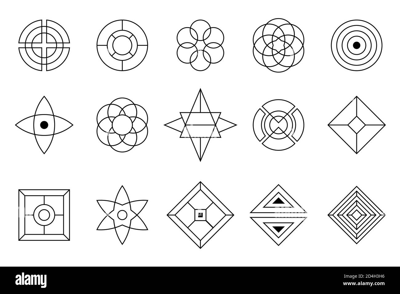 Ensemble d'éléments de conception vectoriels, isolés sur fond blanc. Géométrie sacrée. Formes géométriques symétriques. Alchimie, religion, philosophie. Illustration de Vecteur