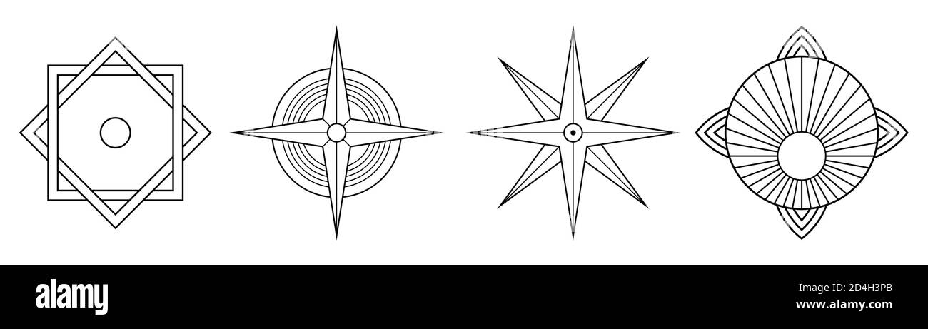 Ensemble de 4 éléments vectoriels créatifs, isolés sur fond blanc. Éléments de conception. Style linéaire. Symboles de votre conception. Vectoriel, monochrome. Illustration de Vecteur