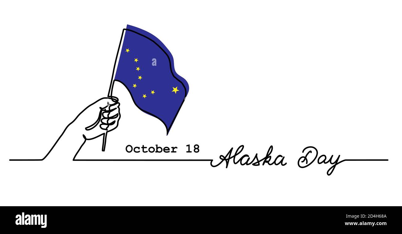 Alaska Day bannière Web simple avec drapeau et main. Bordure vectorielle minimaliste, arrière-plan. Une ligne continue avec lettrage Alaska Day Illustration de Vecteur