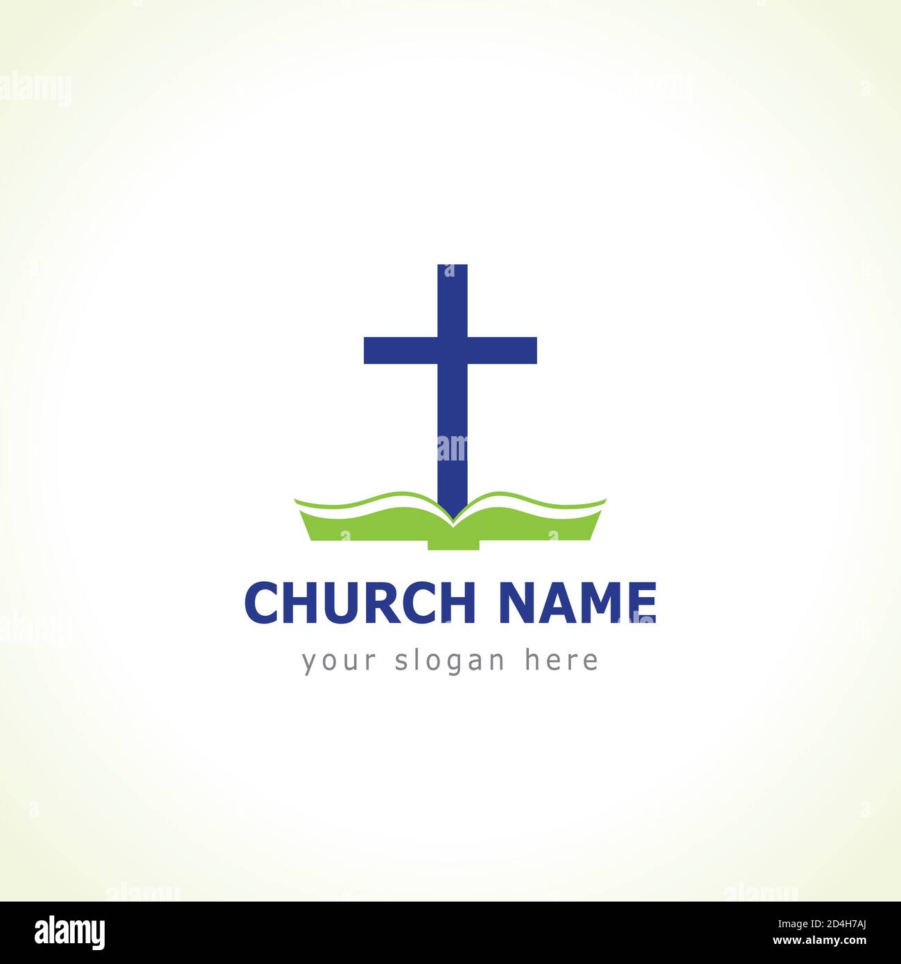 Logo vectoriel de l'église chrétienne. Crucifixion de couleur bleue, livre vert ouvert avec couverture et pages symbole éducatif religieux. Apprentissage et enseignement de la Bible Illustration de Vecteur