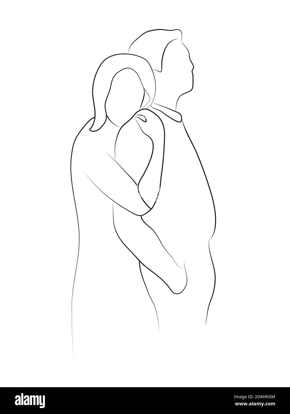 Mise en plan d'esquisse linéaire. Illustration de l'art en couple affectueux. Isolé sur fond blanc. Banque D'Images