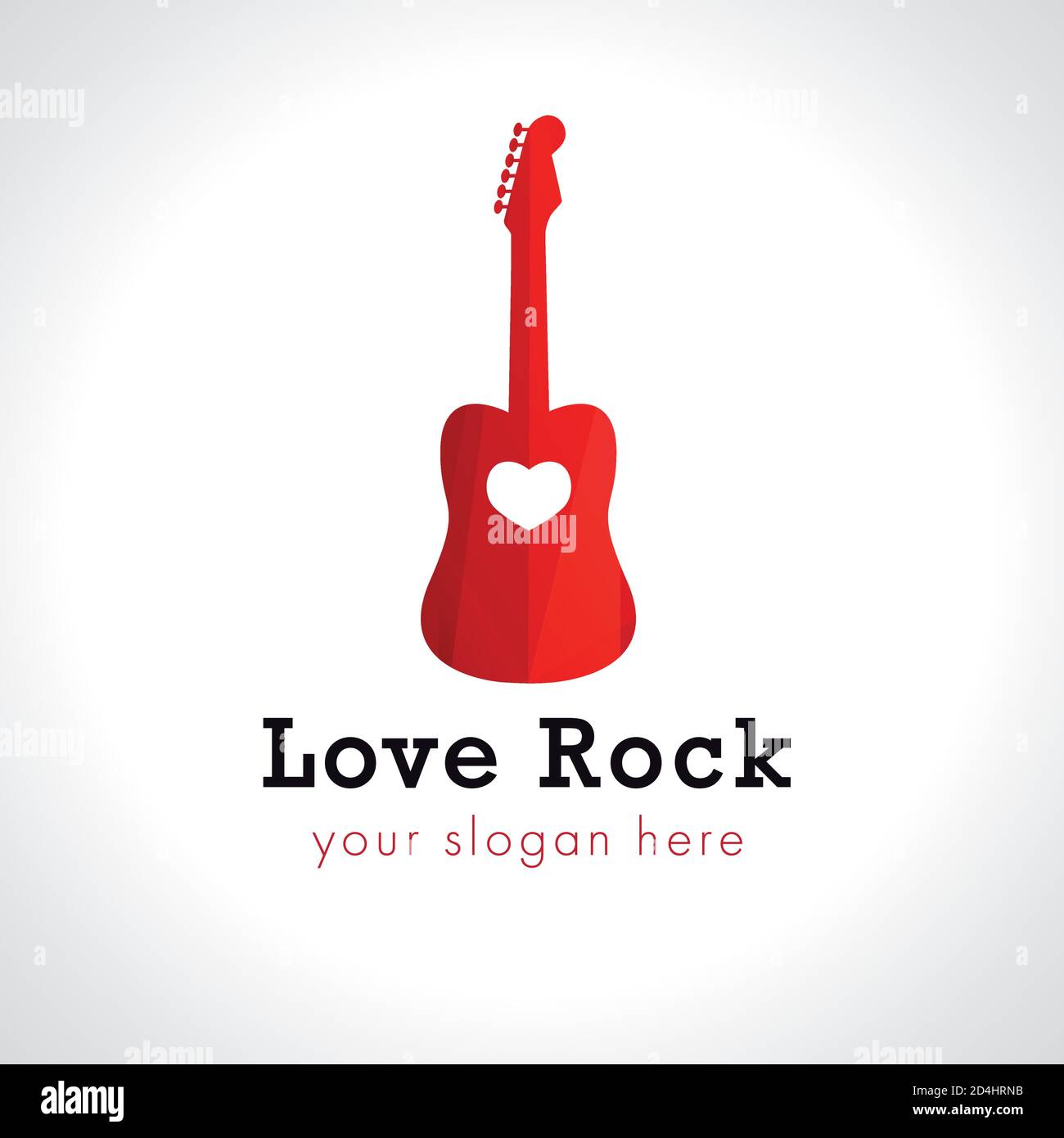 Concept de logo Love rock. Guitare espagnole rouge, idée de marque. Signe d'identité de vecteur de musique. Symbole événements artistiques et visites. Icône du spectacle rock en direct abstrait isolé Illustration de Vecteur