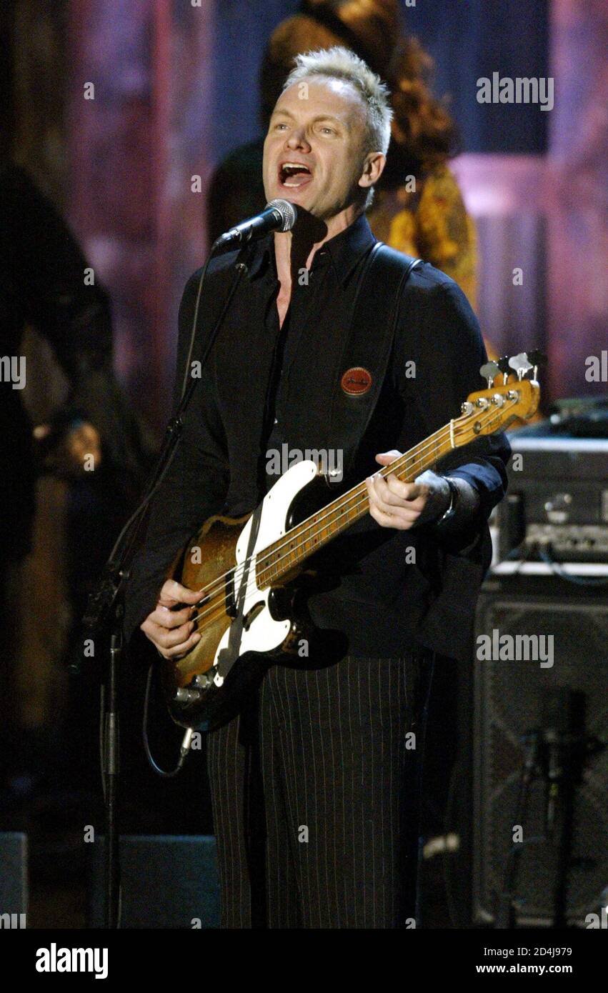 File photo of musician Sting performing with The Police after the band was  inducted into the Rock and Roll Hall of Fame, in New York on March 10,  2003. The one-time school