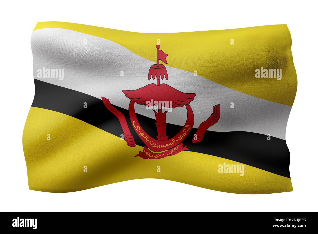 Rendu 3d d'un drapeau du Brunei en vase clos, isolé sur fond blanc. Banque D'Images