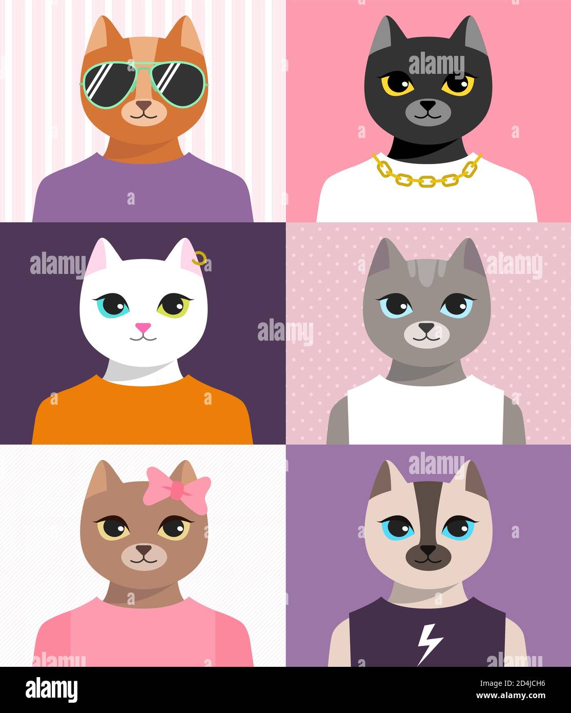 Ensemble de portraits de chats humanisés. Animaux de dessin animé de mode en vêtements. Les personnages de couleur avatars en t-shirts et lunettes Illustration de Vecteur