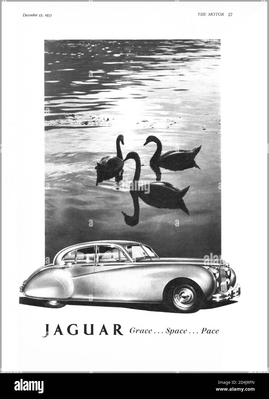 Publicité Jaguar Autocar Motor des années 1950 « GRACE, SPACE, PACE, 1953 pour la Jaguar Mark VII une voiture de luxe à quatre portes produite par Jaguar Cars of Coventry de 1951 à 1956. Lancé lors du salon international de l'automobile britannique 1950 en tant que successeur de la Jaguar Mark V, Banque D'Images