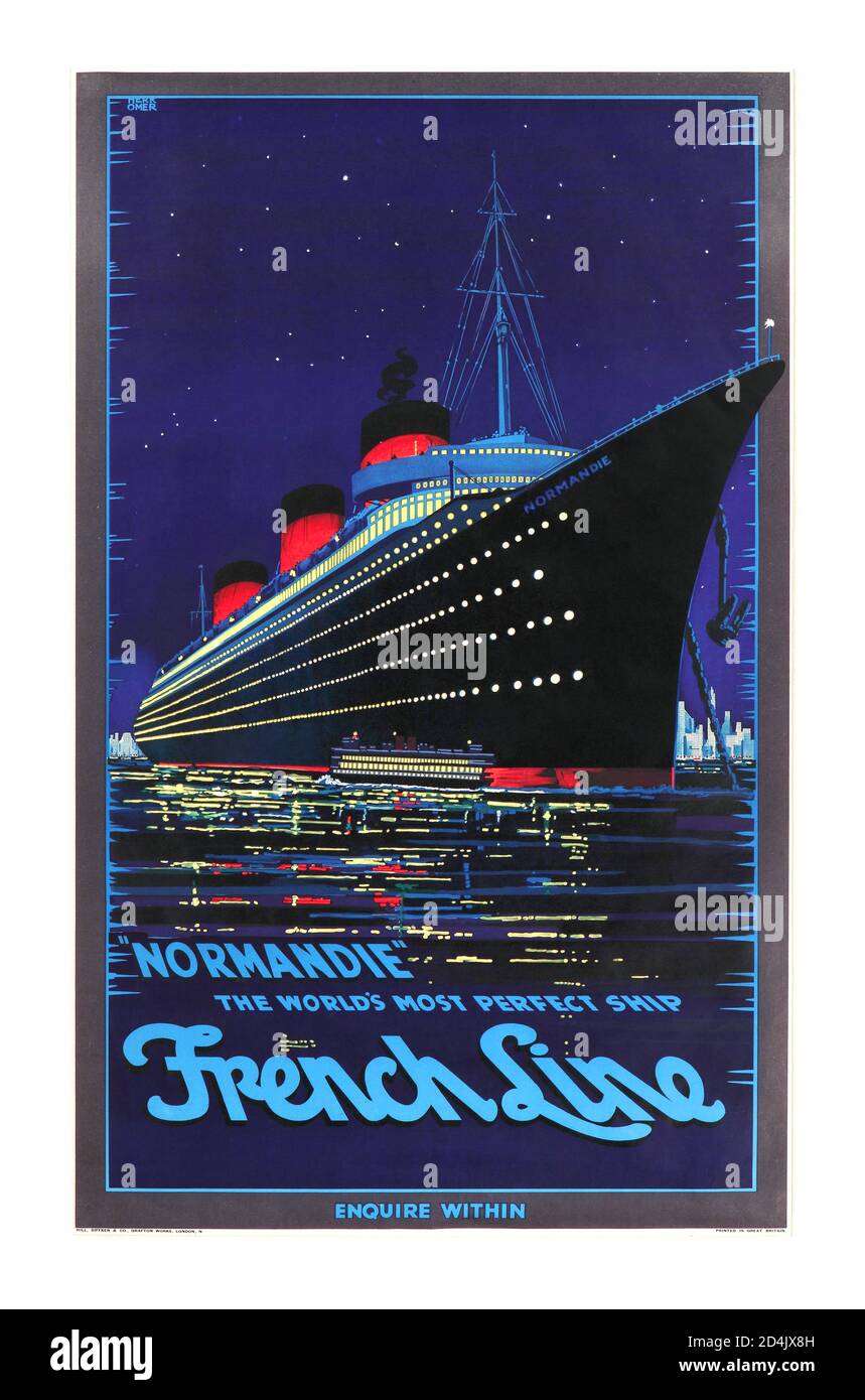 Affiche publicitaire sur les paquebots de croisière Ocean Liner de la ligne française des années 1930 Par artiste Hubert Herkomer NORMANDIE ligne française 1939 ' le navire le plus parfait au monde ‘ Banque D'Images