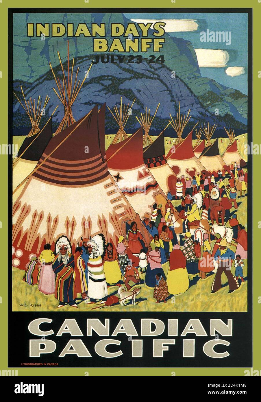 Affiche ancienne du chemin de fer 1925 INDIAN DAYS BANFF W. Langdon Kihn affiche publicitaire du chemin de fer canadien Pacifique publiée en 1925. Banff Alberta Canada Banque D'Images