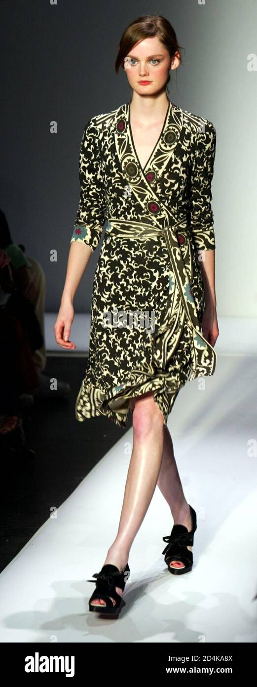A model wears a Uzebek wrap dress at the Diane von Furstenberg fall 2005  fashion show in New York, February 6, 2005. [\