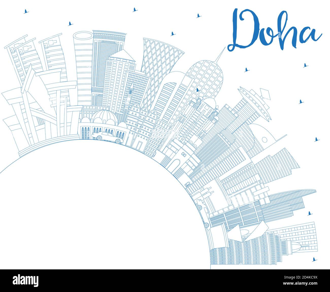 Aperçu de Doha Qatar City Skyline avec Blue Buildings et Copy Space. Illustration vectorielle. Voyages d'affaires et concept avec architecture moderne. Doha. Illustration de Vecteur