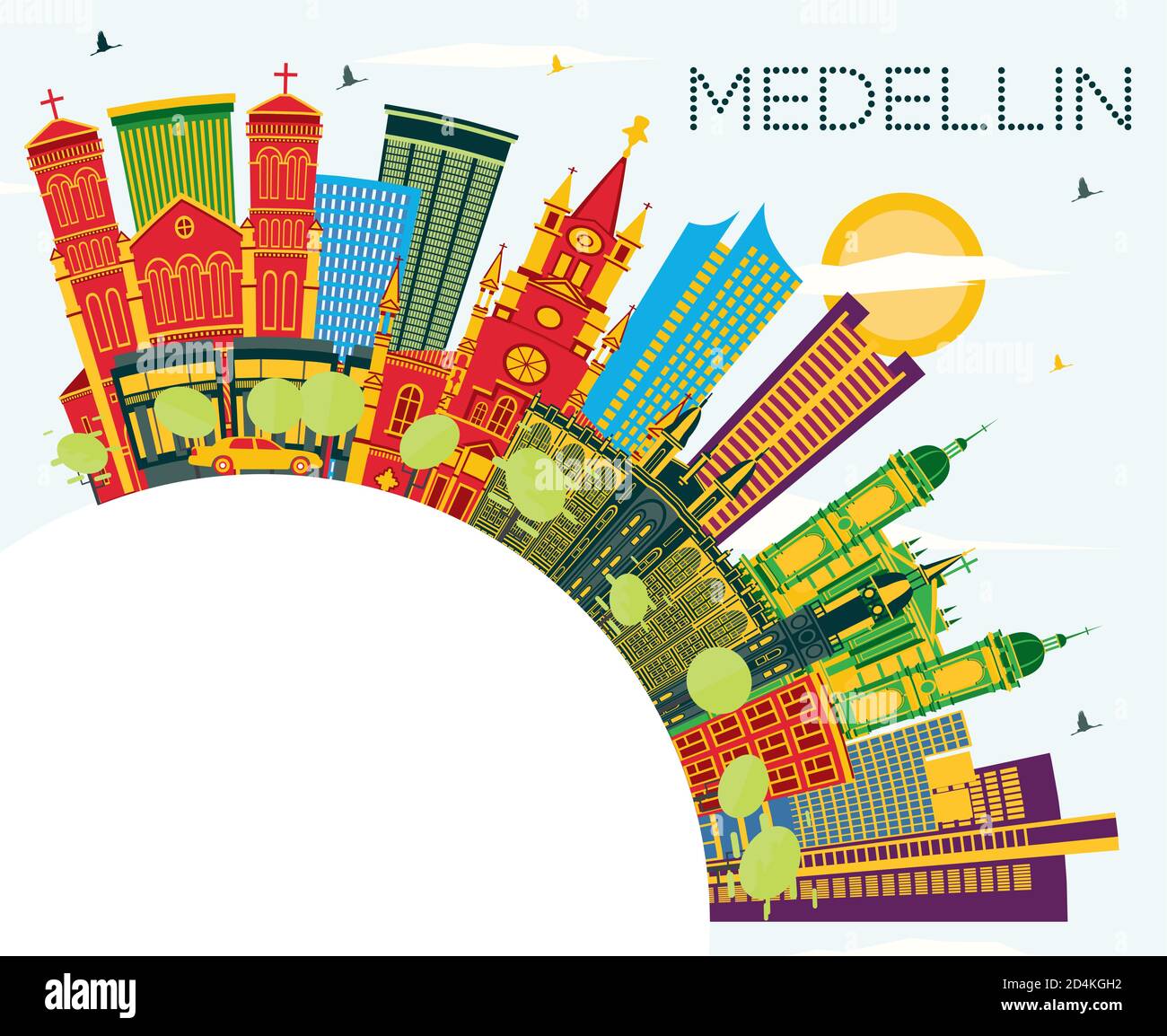 Medellin Colombia City Skyline avec des bâtiments couleur, ciel bleu et espace de copie. Illustration vectorielle. Voyages d'affaires et tourisme avec Historic B Illustration de Vecteur