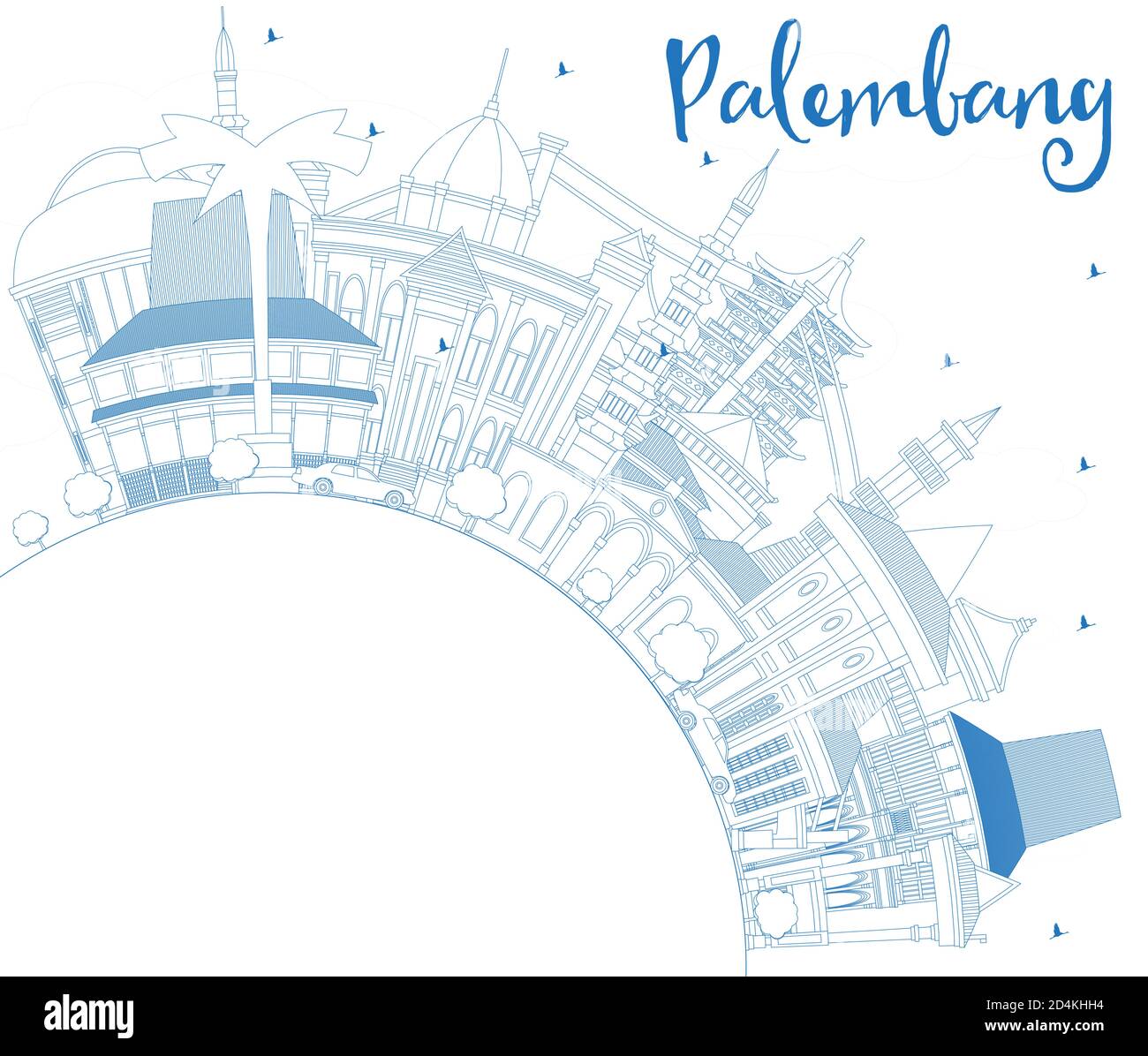 Contours Palembang Indonesia City Skyline Avec Bâtiments Bleus Et Espace De Copie. Illustration Vectorielle. Illustration de Vecteur