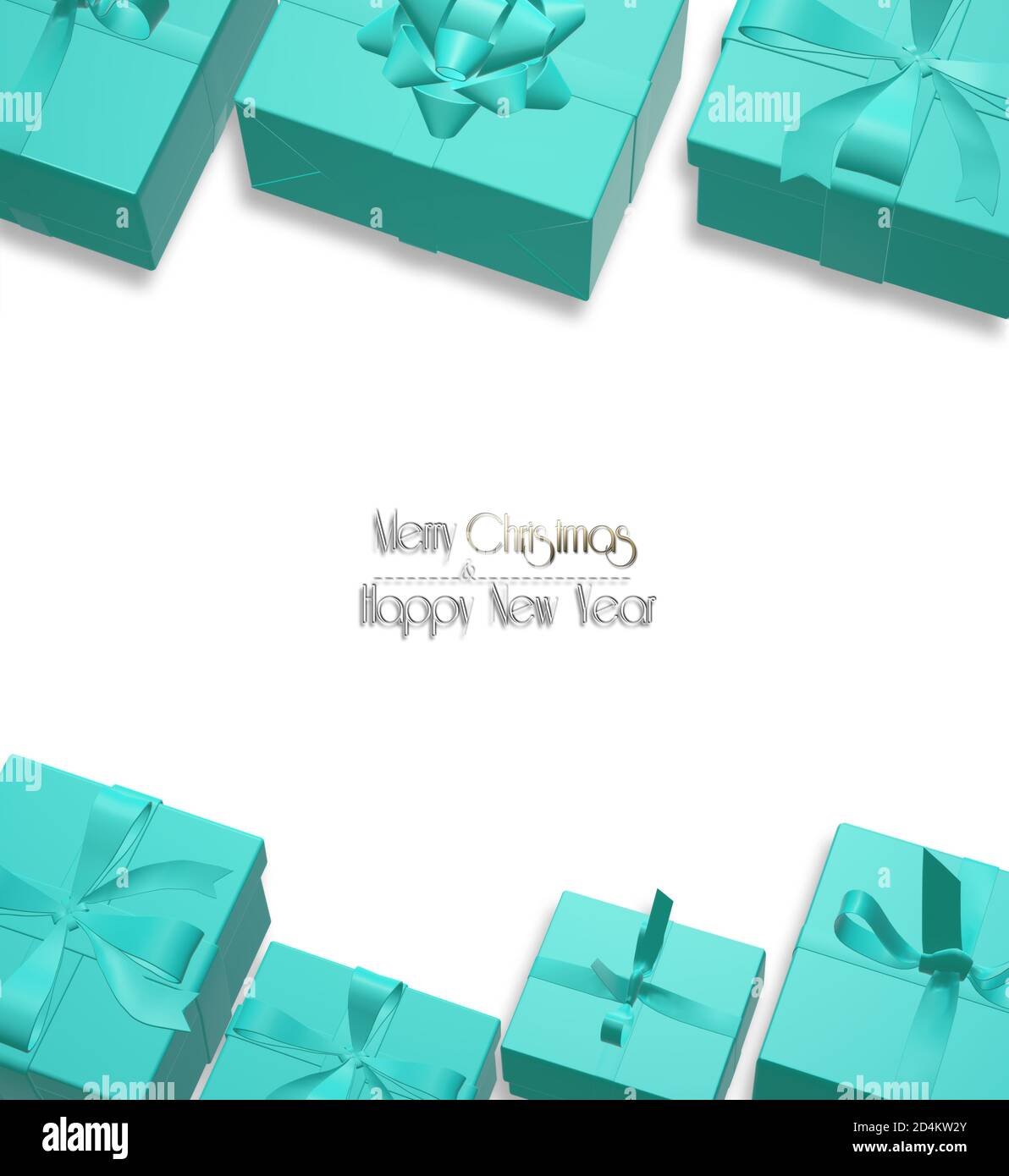 Arrière-plan de Noël avec bordure de boîtes-cadeaux bleu turquoise sur fond blanc, texte Joyeux Noël bonne année, illustration 3D Banque D'Images