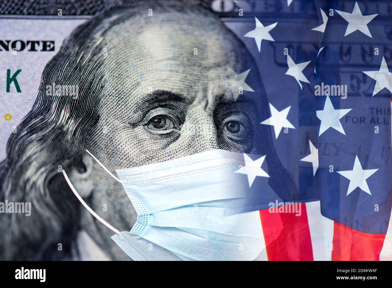 Billet d'argent dollar américain avec masque facial et drapeau américain, image de concept sur COVID - 19 et pandémie Banque D'Images