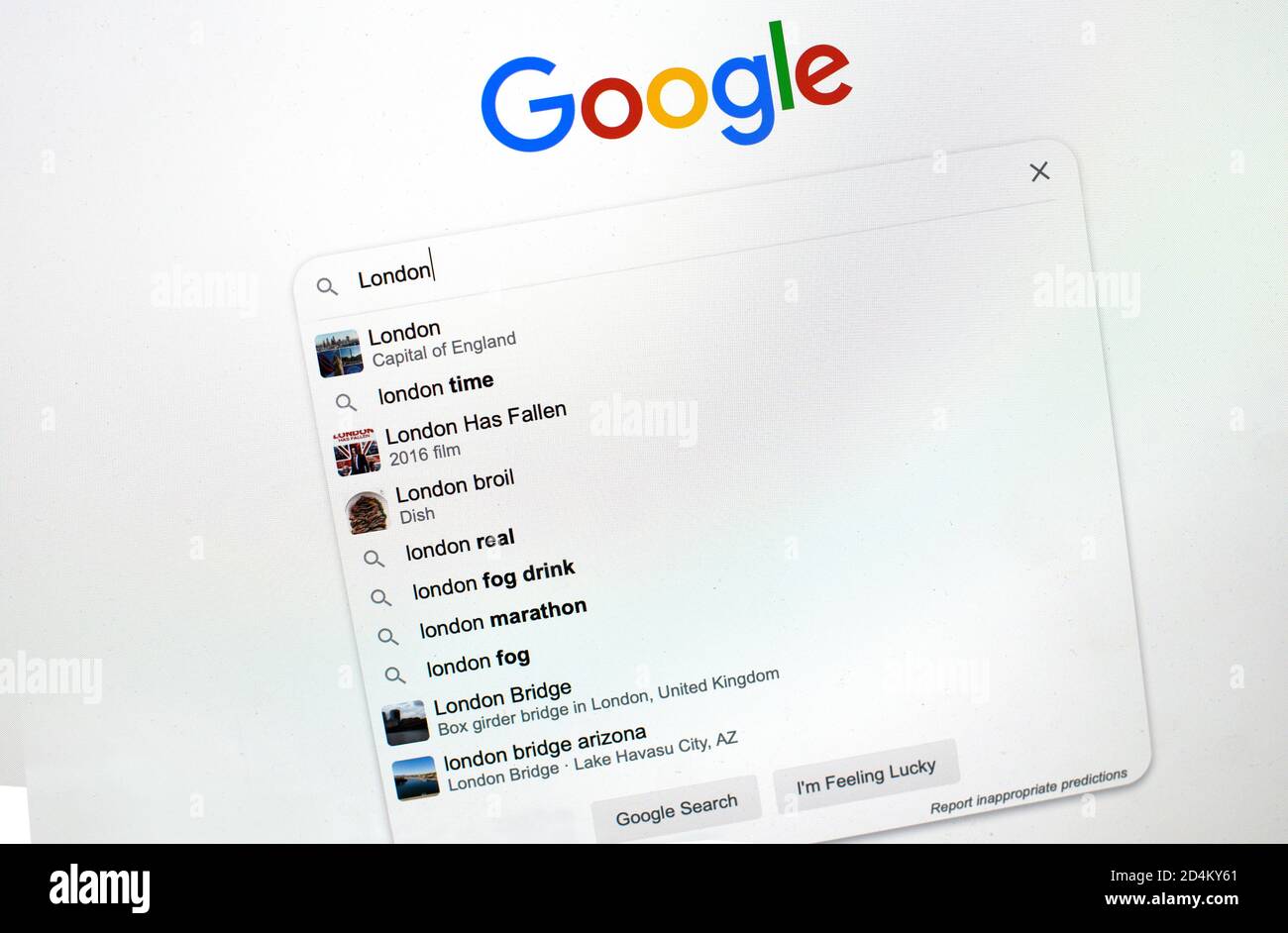 Capture d'écran du moteur de recherche Google. Banque D'Images