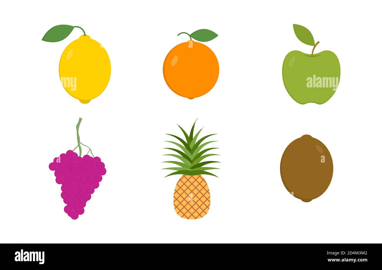 Ensemble d'icônes colorées de fruits de dessin animé : pomme, orange, ananas, raisin, kiwi, citron. Illustration vectorielle, isolée sur blanc. Illustration de Vecteur