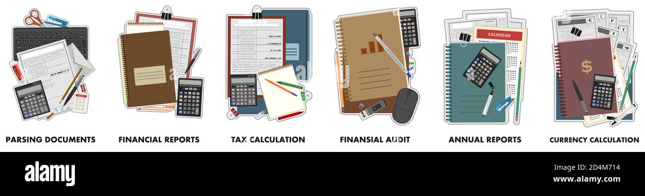 Logo de comptabilité concept. Services professionnels de bureau. Vecteur isolé sur fond blanc. Icônes : rapports annuels, impôt sur les devises, calcul, finances au Banque D'Images