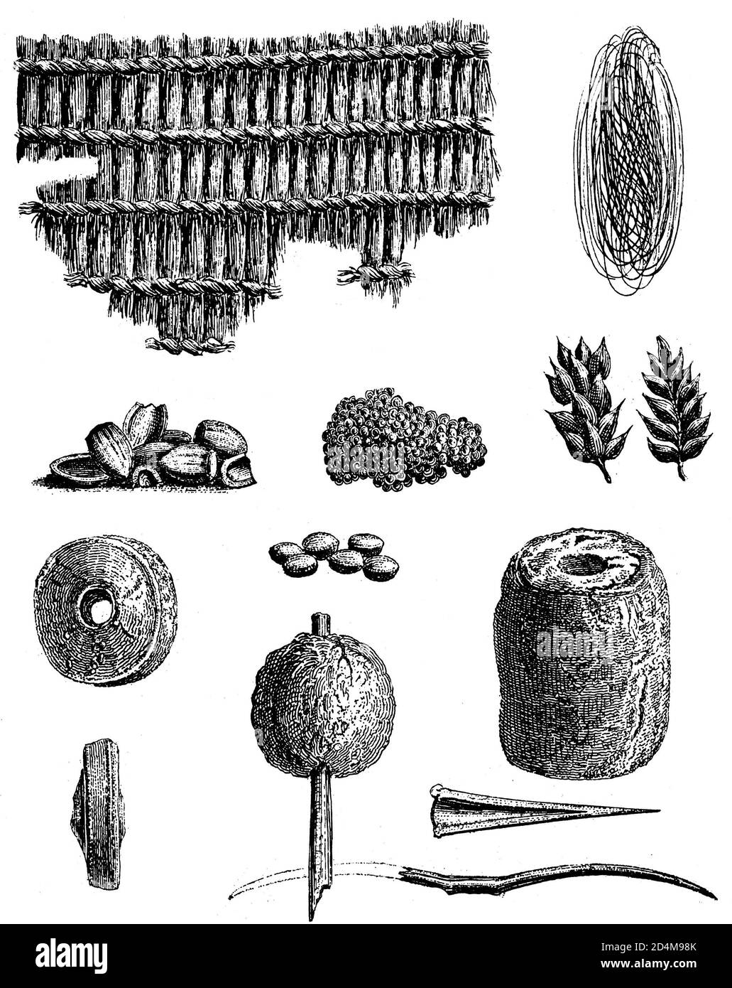 Illustration antique du XIXe siècle d'objets trouvés dans les maisons à pilotis de Bodensee. Publié dans Systematischer Bilder-Atlas zum conversations-Lexikon, Banque D'Images