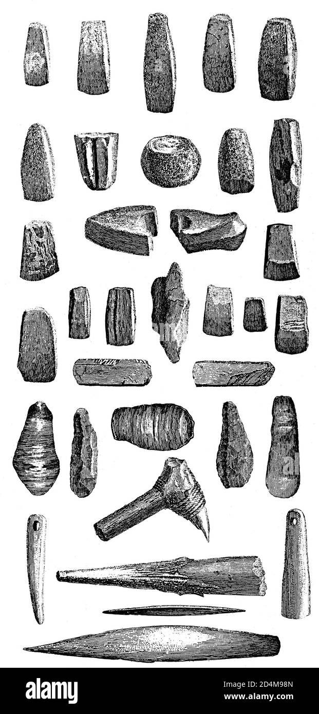 Illustration antique d'objets trouvés dans des maisons de pilotis à Bodensee. Publié dans Systematischer Bilder-Atlas zum conversations-Lexikon, Ikonographisc Banque D'Images