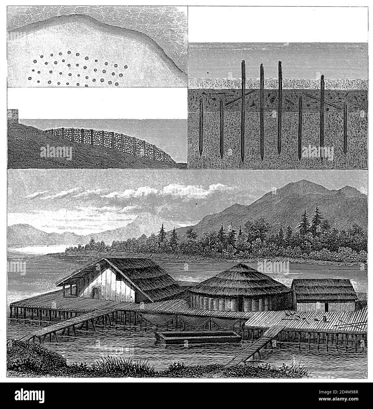 Gravure du XIXe siècle de maisons à pilotis à Bodensee. Publié dans Systematischer Bilder-Atlas zum conversations-Lexikon, Ikonographische Encyklopedie Banque D'Images