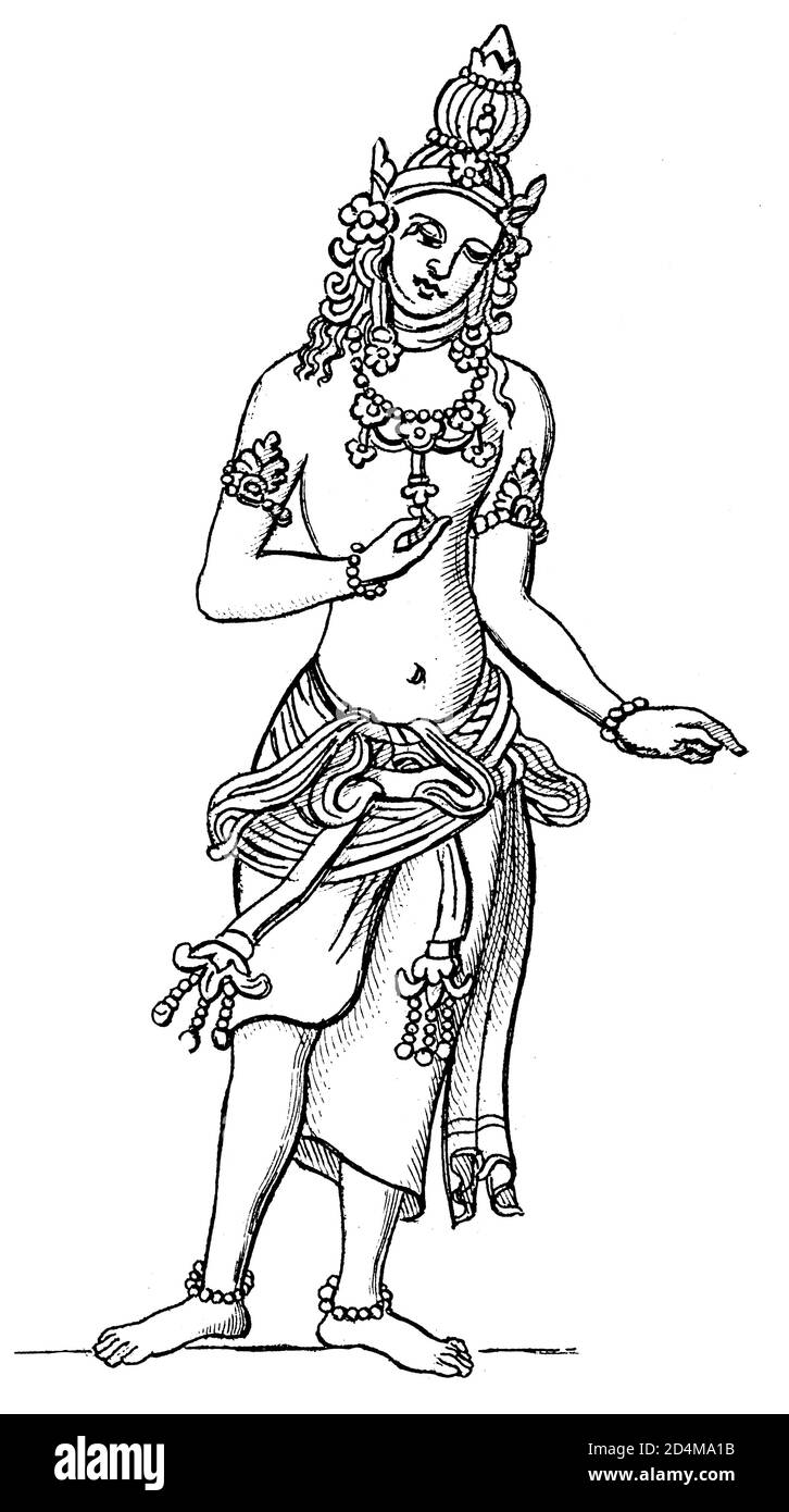 Illustration antique d'un costume national indien. Publié dans Systematischer Bilder-Atlas zum conversations-Lexikon, Ikonographische Encyklopedie Banque D'Images