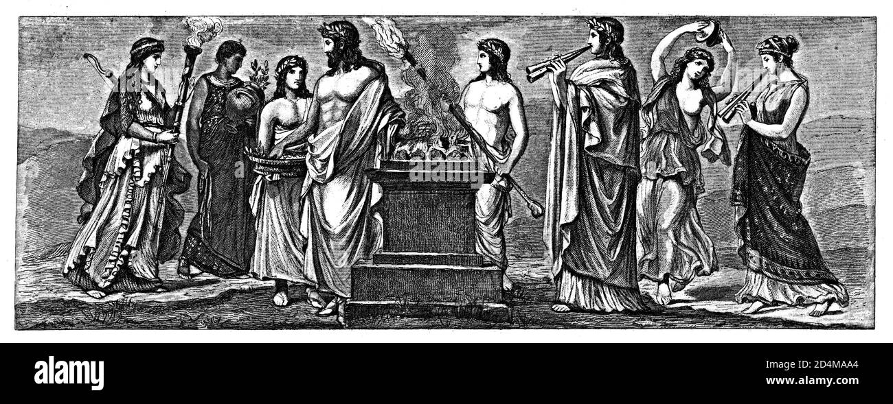 Illustration antique de scènes de la vie dans la Grèce antique. De gauche à droite : 1 - prêtresse, 2 - sacrifice, 3 - danseur, 4 - joueur de flûte. Gravure Banque D'Images