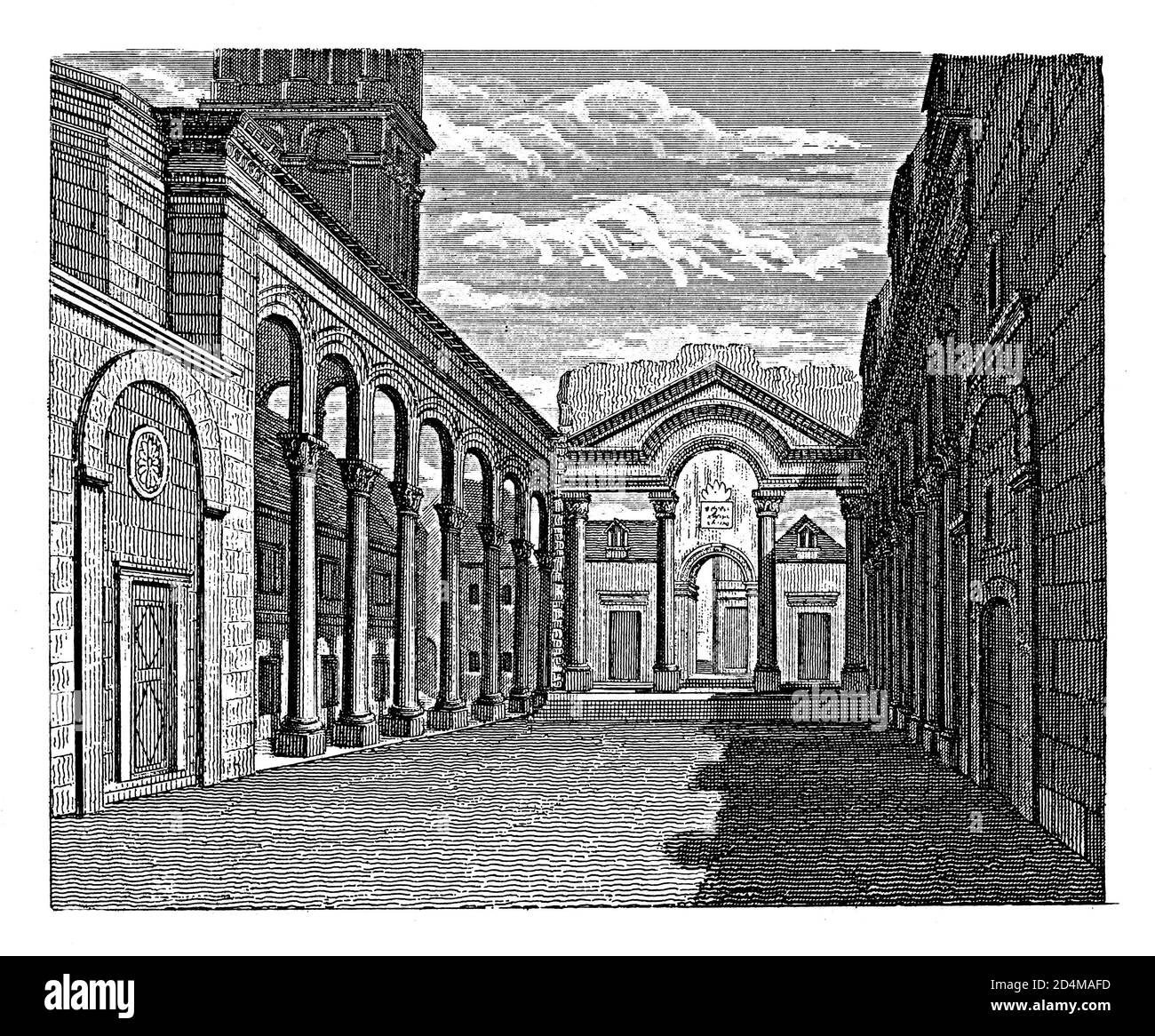 Ancienne gravure du XIXe siècle d'une salle dans le palais de Dioclétien à Split. Publié dans Systematischer Bilder-Atlas zum conversations-Lexikon, Ikonogra Banque D'Images