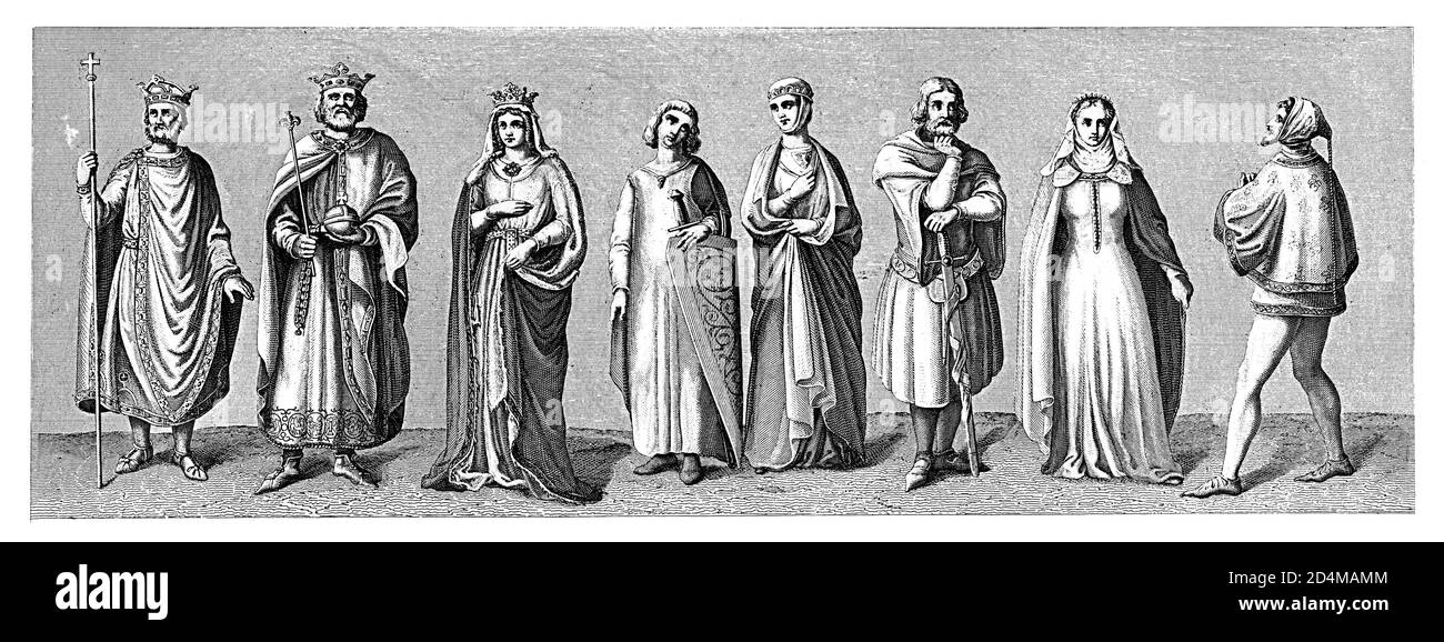 Gravure antique de costumes d'Europe occidentale. De gauche à droite : 1 - Henri II, empereur romain ; 2 - Frédéric I, empereur romain ; 3 - Berenga Banque D'Images