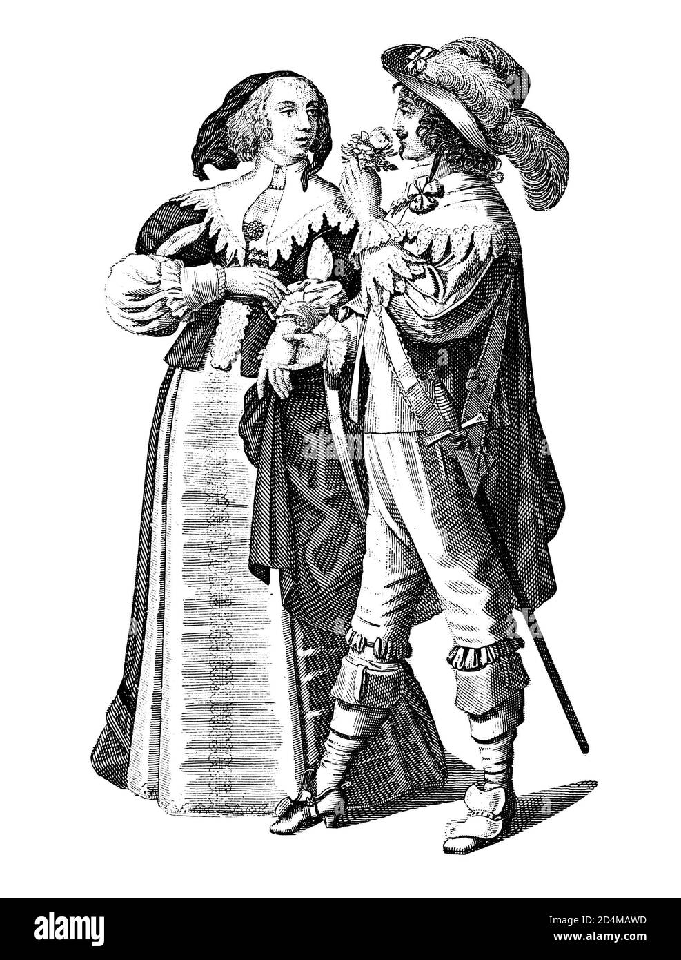 Illustration antique des costumes d'Europe occidentale du XVII siècle - mode française. Gravure publiée dans Systematischer Bilder-Atlas zum Converseti Banque D'Images
