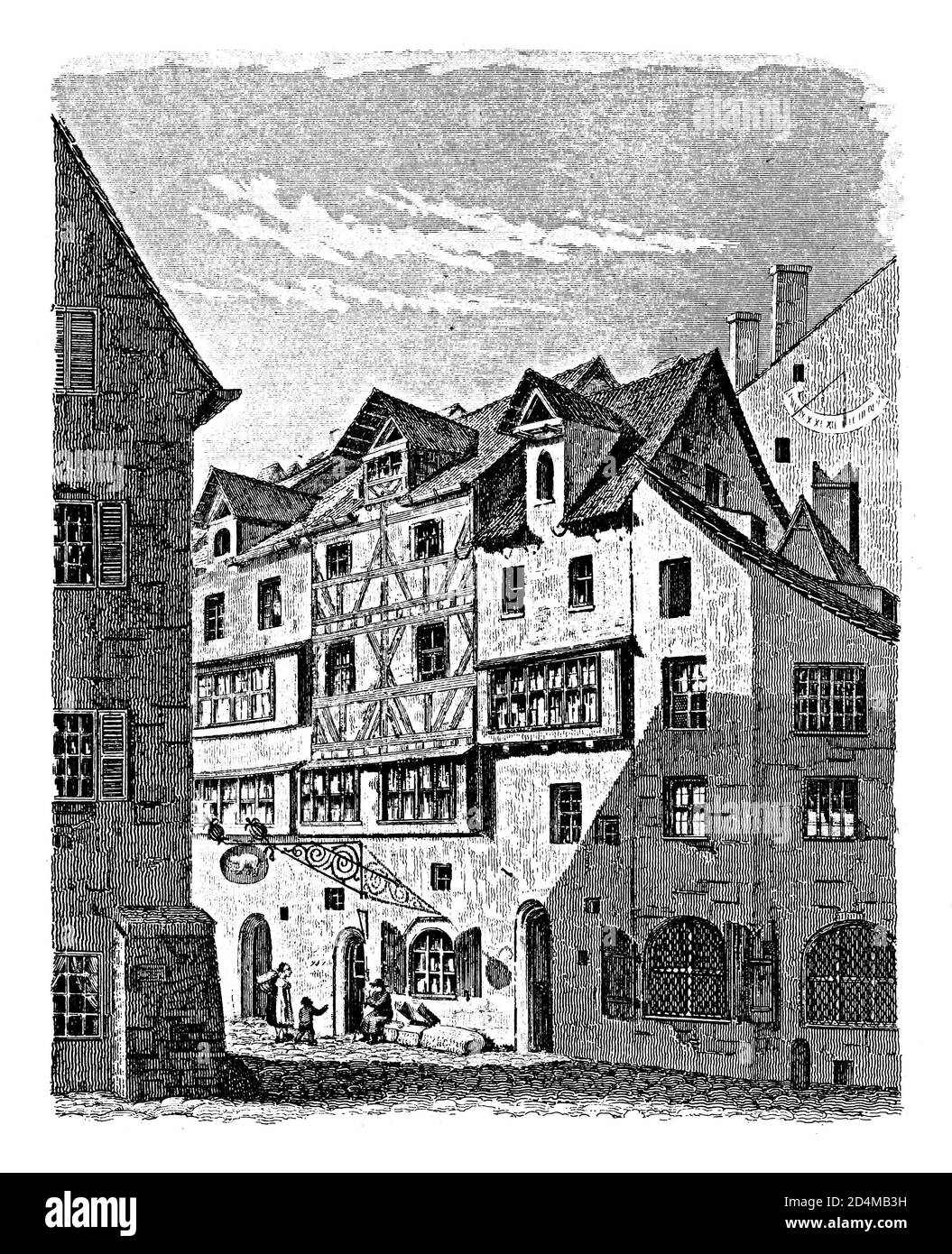 Illustration du XIXe siècle d'une maison urbaine à Nuremberg (XVIe siècle). Publié dans Systematischer Bilder-Atlas zum conversations-Lexikon, Ikonograph Banque D'Images