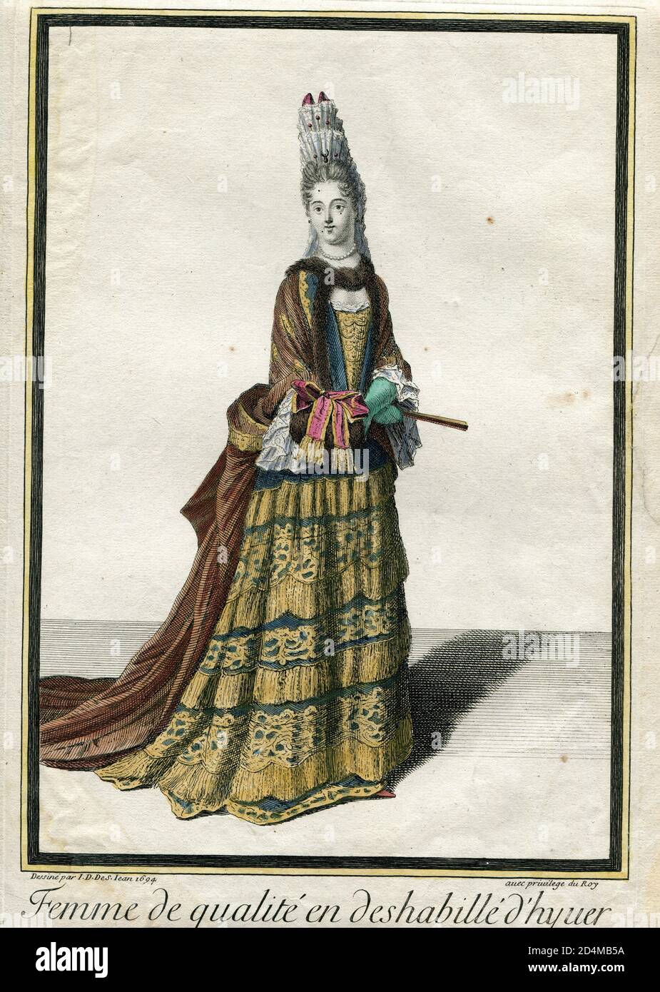 Gravure de mode française de couleur main du 17 siècle J.. D. de Saint Jean Banque D'Images