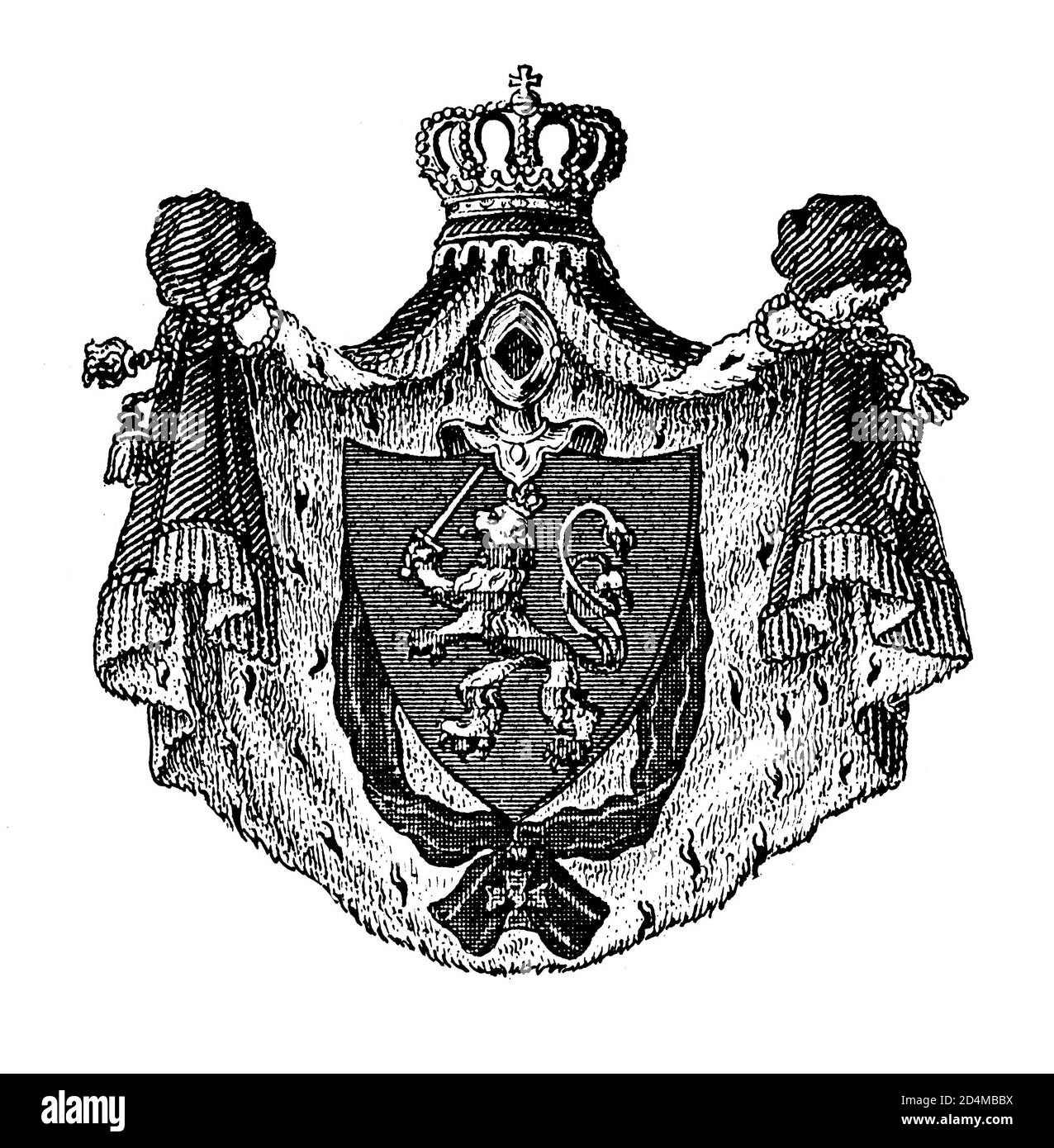 Gravure antique des armoiries de Hesse. Publié dans Systematischer Bilder-Atlas zum conversations-Lexikon, Ikonographische Encyklopedie der Wiss Banque D'Images