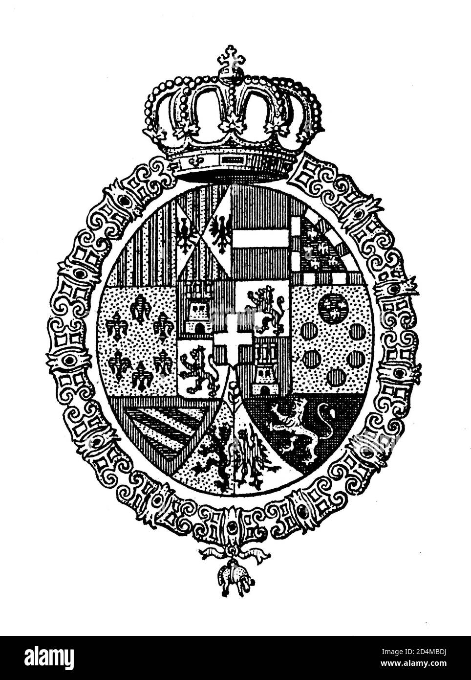Gravure antique du XIXe siècle des armoiries espagnoles. Publié dans Systematischer Bilder-Atlas zum conversations-Lexikon, Ikonographische Encykl Banque D'Images
