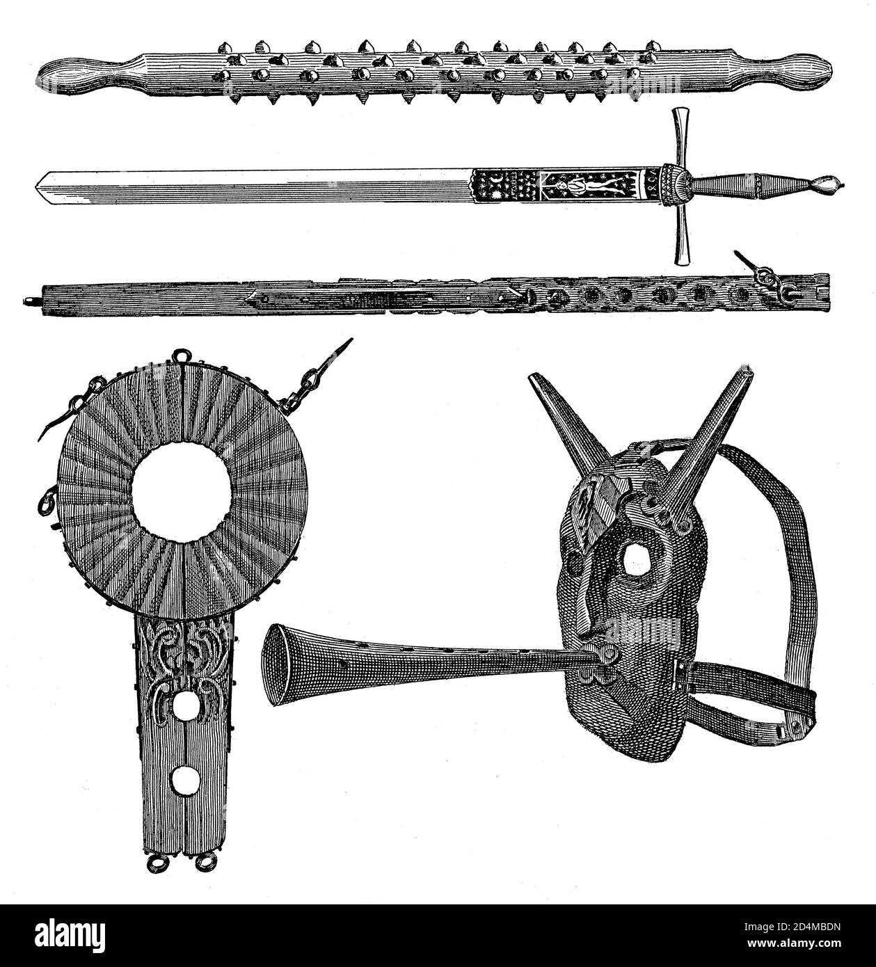 Illustration antique du XIXe siècle des instruments médiévaux de torture. Publié dans Systematischer Bilder-Atlas zum conversations-Lexikon, Ikonographis Banque D'Images