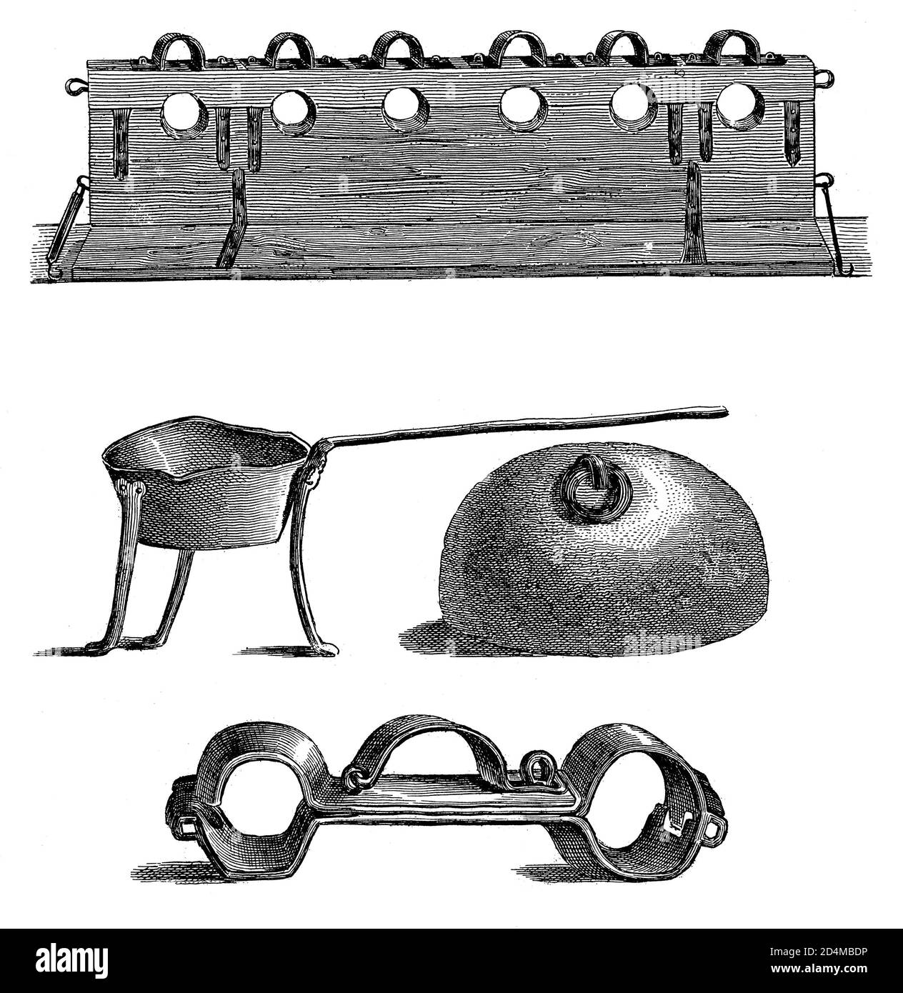 Gravure antique d'instruments de torture médiévaux. Publié dans Systematischer Bilder-Atlas zum conversations-Lexikon, Ikonographische Encyklopedie d Banque D'Images