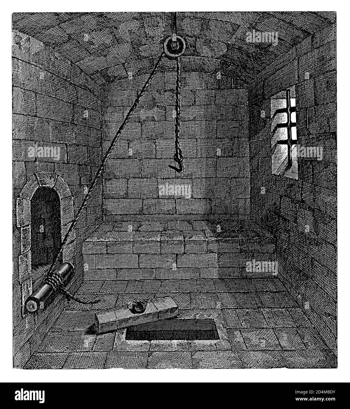 Illustration antique de la chambre de torture du XIV siècle. Publié dans Systematischer Bilder-Atlas zum conversations-Lexikon, Ikonographische Encyklop Banque D'Images