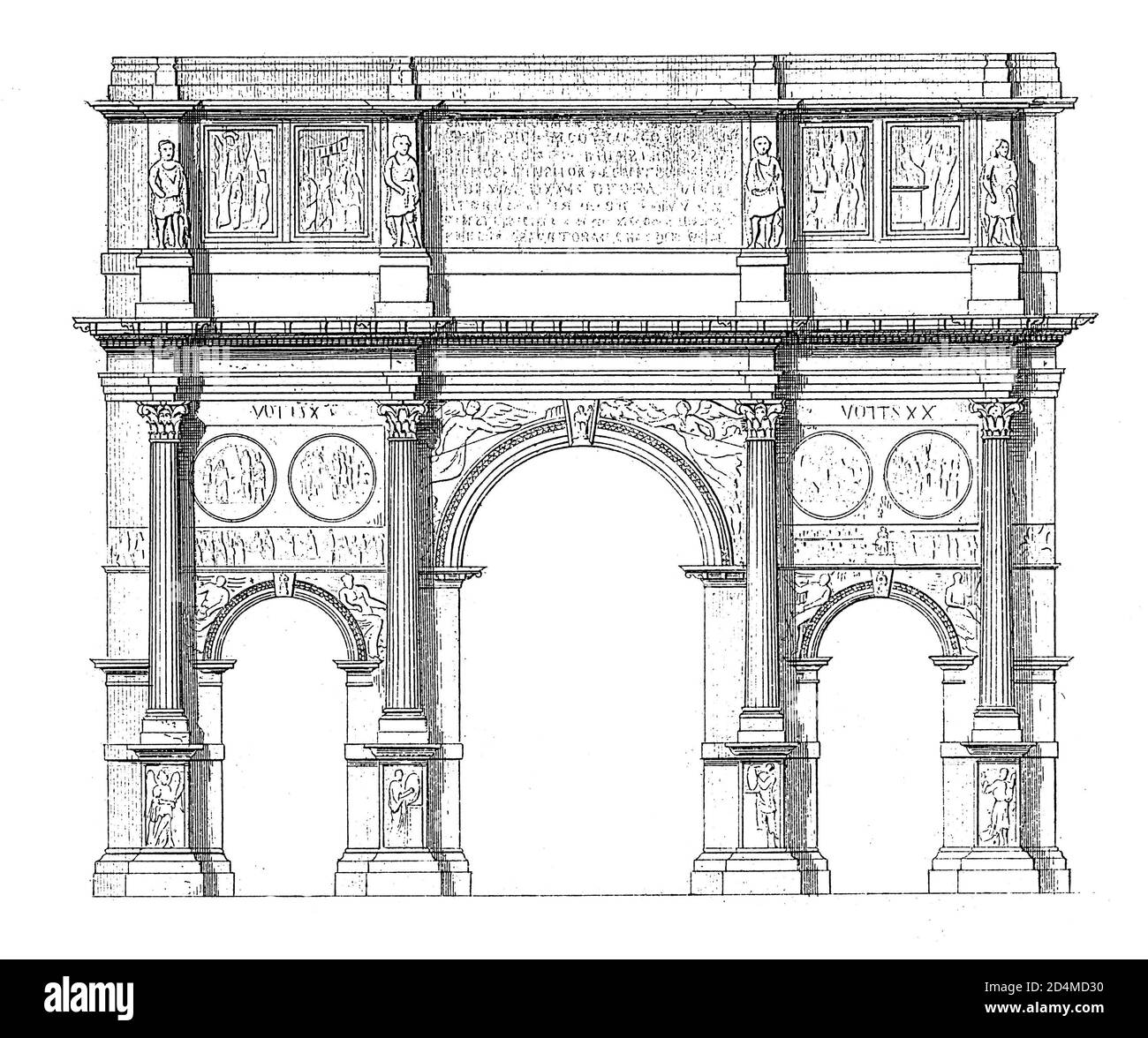 Gravure antique du XIXe siècle de l'arche de Constantine à Rome, Italie. Publié dans Systematischer Bilder-Atlas zum conversations-Lexikon, Ikonogra Banque D'Images