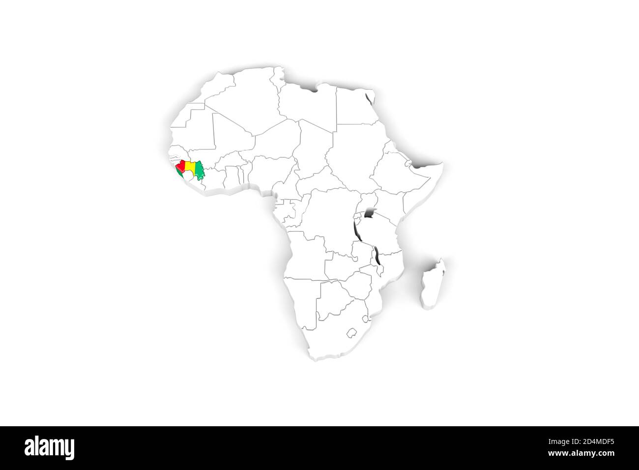 Afrique carte 3d avec frontières marquées - Guinée zone marquée Avec drapeau de Guinée - isolé sur fond blanc - 3D Illustration Banque D'Images