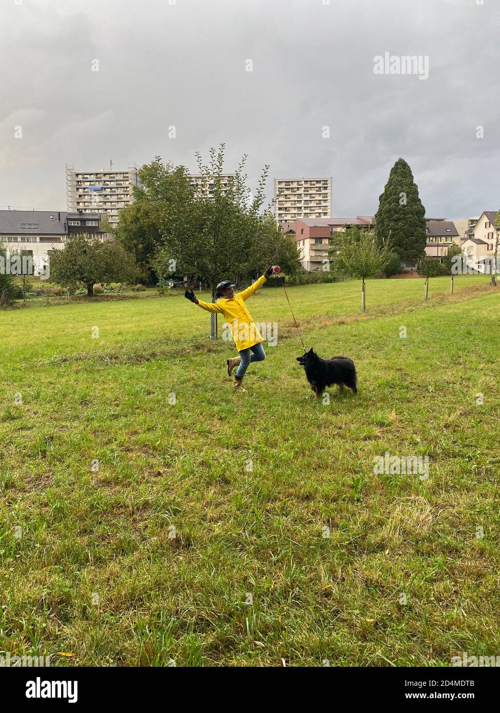 Bonne femme en imperméable jaune et bottes de pluie avec motif jaguar jouant avec un chien le jour de la pluie en automne. Banque D'Images