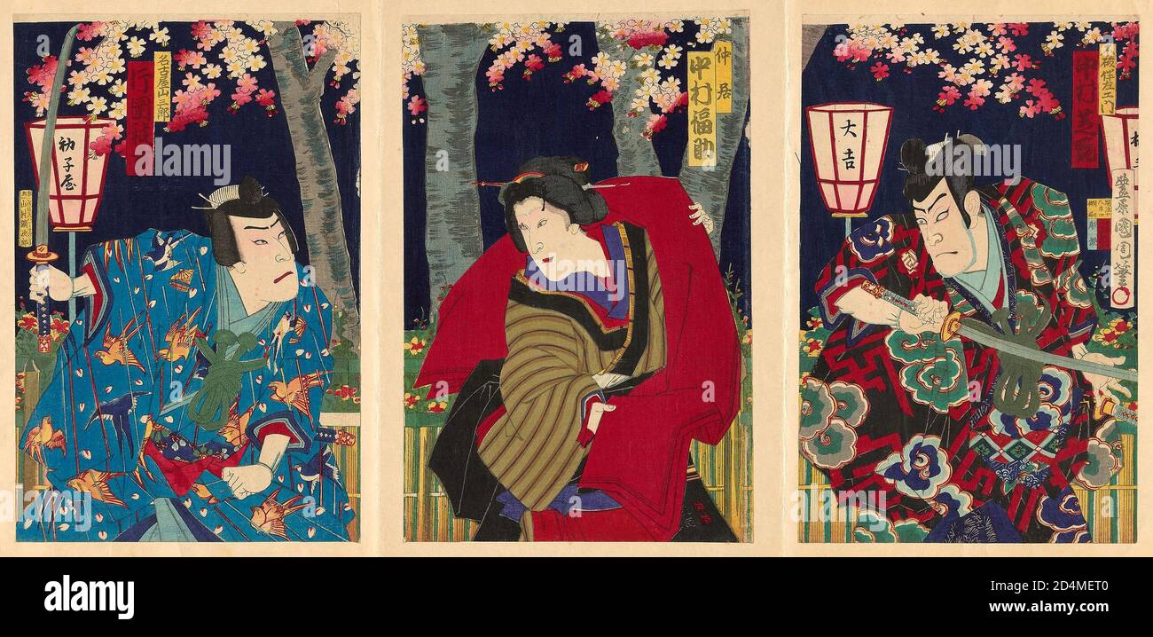 Les acteurs Nakamura Shikan IV comme Fuwa Banzaemon; Nakamura Fukusuke IV comme Maid; et Kataoka Gado III comme Nagoya Sanzaburo - Date: 1885; Toyohara Kunichika; Japonais; 1835-1900 Banque D'Images
